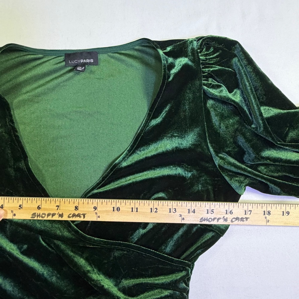 Lucy Paris Womens Emerald Green Velvet Wrap Dress Puff Sleeve High Low Small - Picture 11 of 12